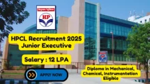 HPCL recruitment details for Junior Executive positions in 2025, offering a salary of 12 LPA, with eligibility for diploma holders in Mechanical, Chemical, and Instrumentation