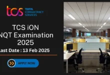 TCS iON NQT Examination 2025 poster showing the TCS logo, exam details, and an office workspace with computers