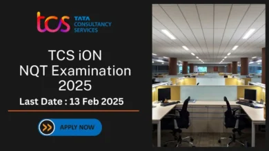 TCS iON NQT Examination 2025 poster showing the TCS logo, exam details, and an office workspace with computers