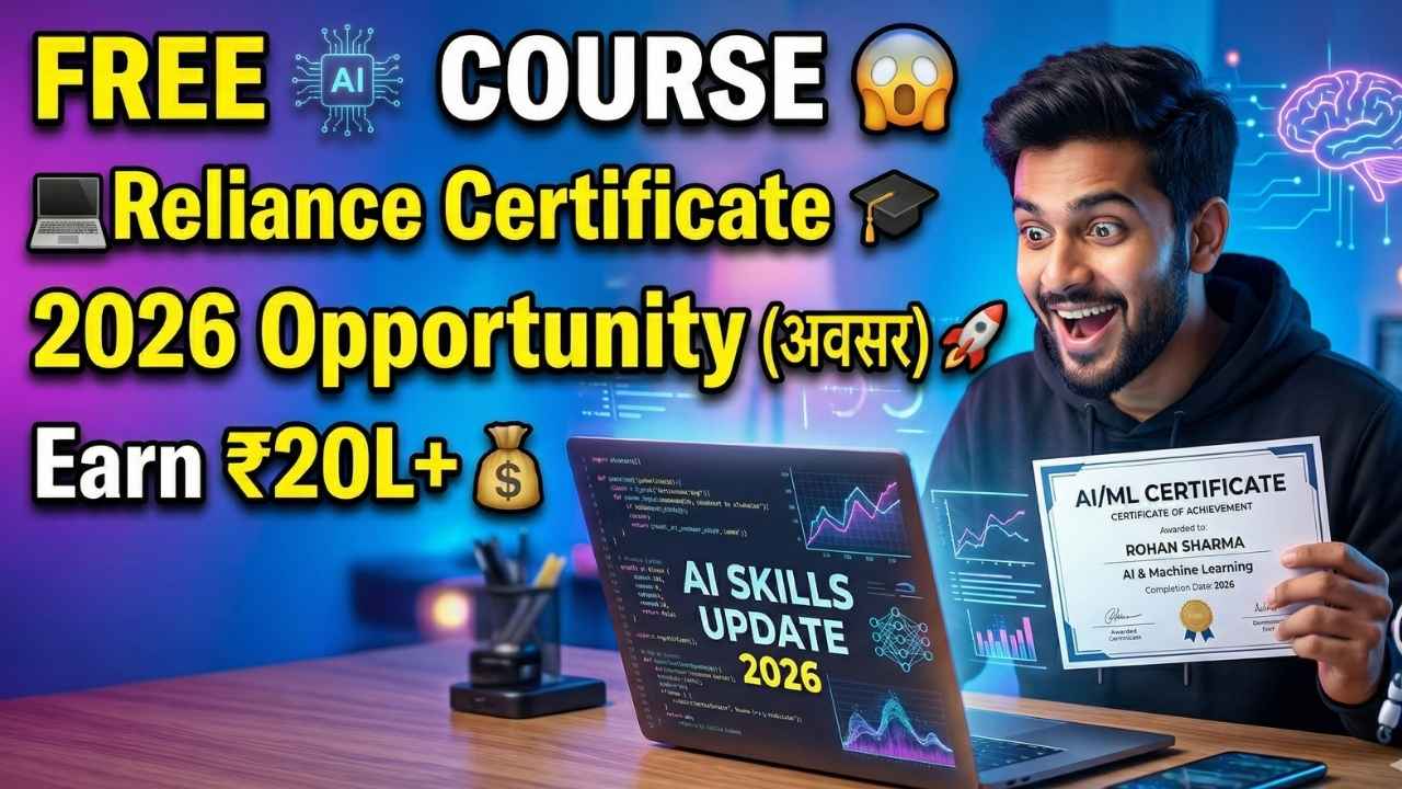 Young Indian student holding AI ML certificate with laptop showing AI visuals promoting free Reliance AI course 2026