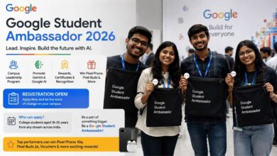 Google Student Ambassador 2026 students posing at Google India event with registration details, AI leadership program rewards, Pixel Phone and campus ambassador opportunities