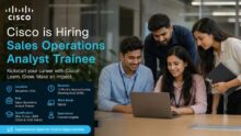 Cisco Hiring Sales Operations Analyst Trainee 2026 recruitment thumbnail showing fresh graduates working in a modern office with hybrid internship details for BBA, B.Com and BBM students in Bangalore